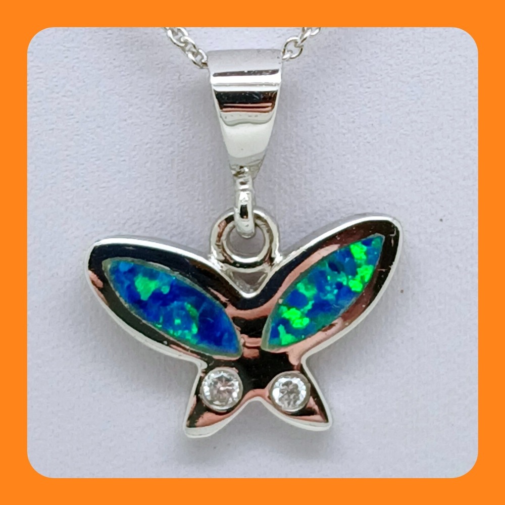 Vintage 90s Sterling Silver Blue Opal Butterfly Pendant Necklace 16" Italy CZ